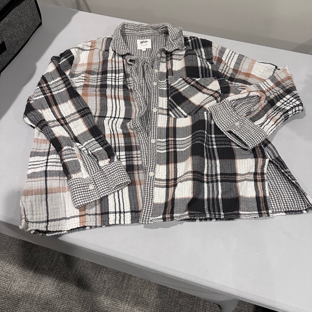 Aerie Checkered Button-Up Shirt in Black, White, and Tan